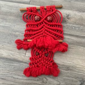Vintage Red Owl Macramé beads wood decor wall hanging home handmade retro Artsy